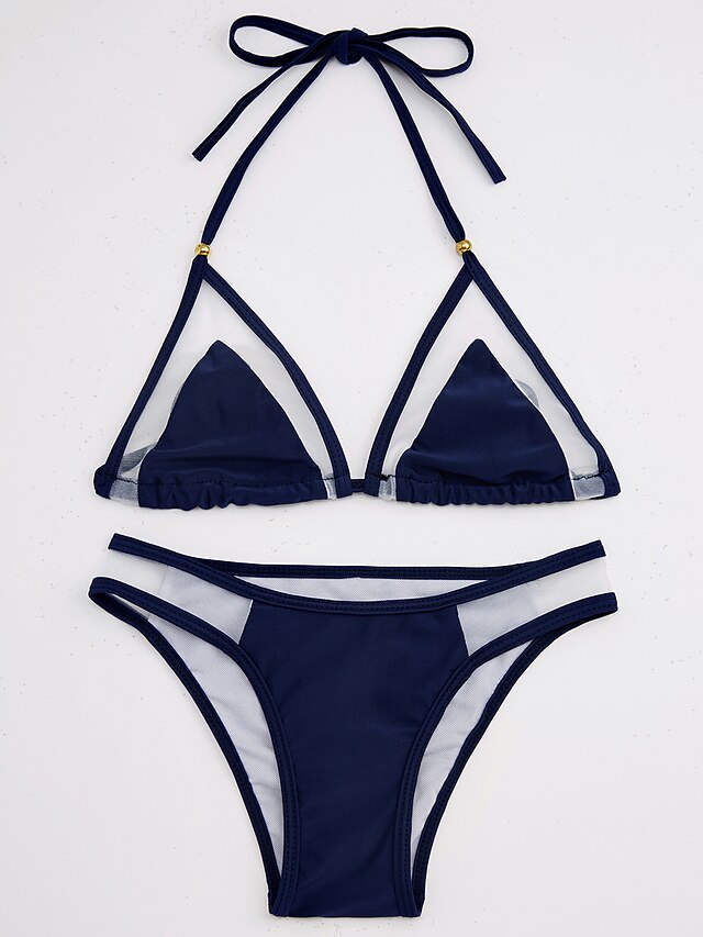  Women's Halter Neck Blue Triangle Cheeky Bikini Swimwear - Solid Colored S M L Blue / Wireless / Padless / Sexy