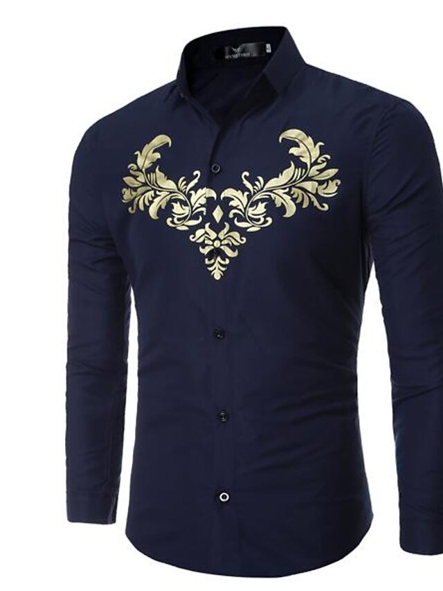  Men's Shirt Geometric Classic Collar Black Navy Blue Long Sleeve Daily Print Slim Tops / Spring