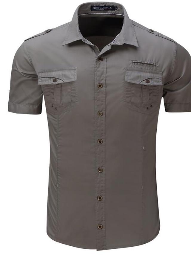  Men's Shirt Solid Colored Shirt Collar Black Gray Khaki Short Sleeve Daily Print Tops Cotton Streetwear