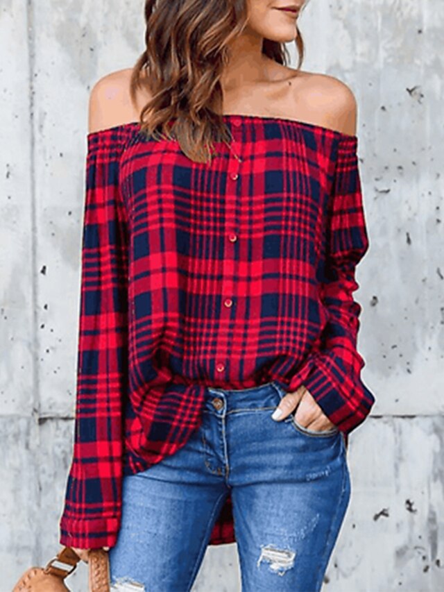  Women's Shirt Plaid Check Off Shoulder Streetwear Tops Black Red