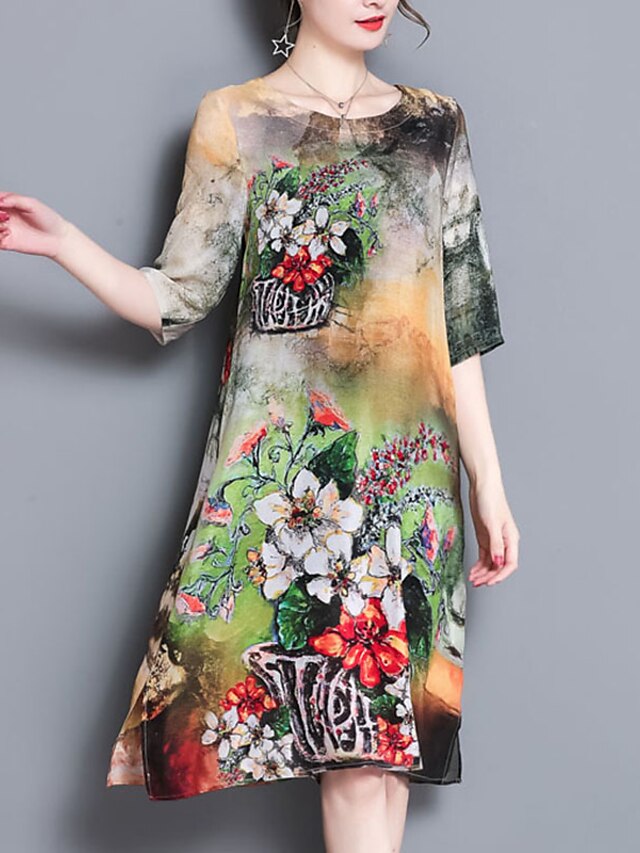  فستان نسائي قياس كبير فضفاض النمط الصيني طباعة طول الركبة ورد مناسب للخارج