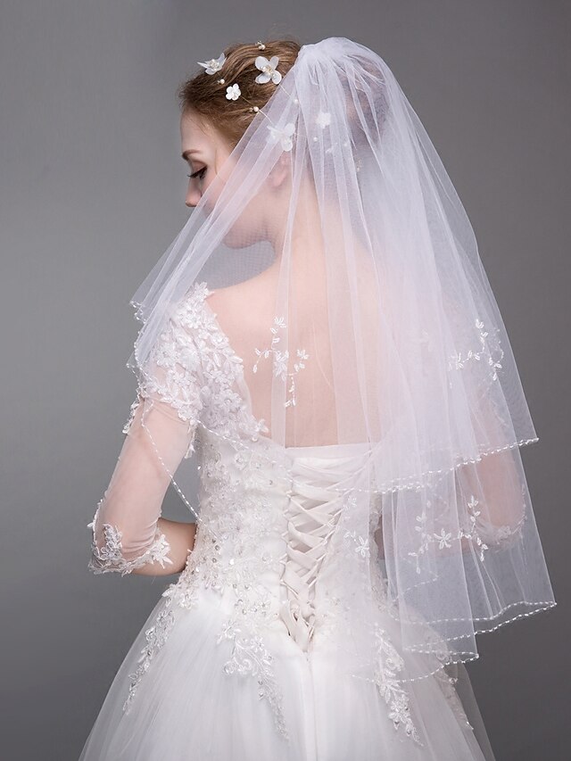  Two-tier Modern Style / Wedding / Simple Style Wedding Veil Elbow Veils with Faux Pearl / Fringe Tulle / Angel cut / Waterfall