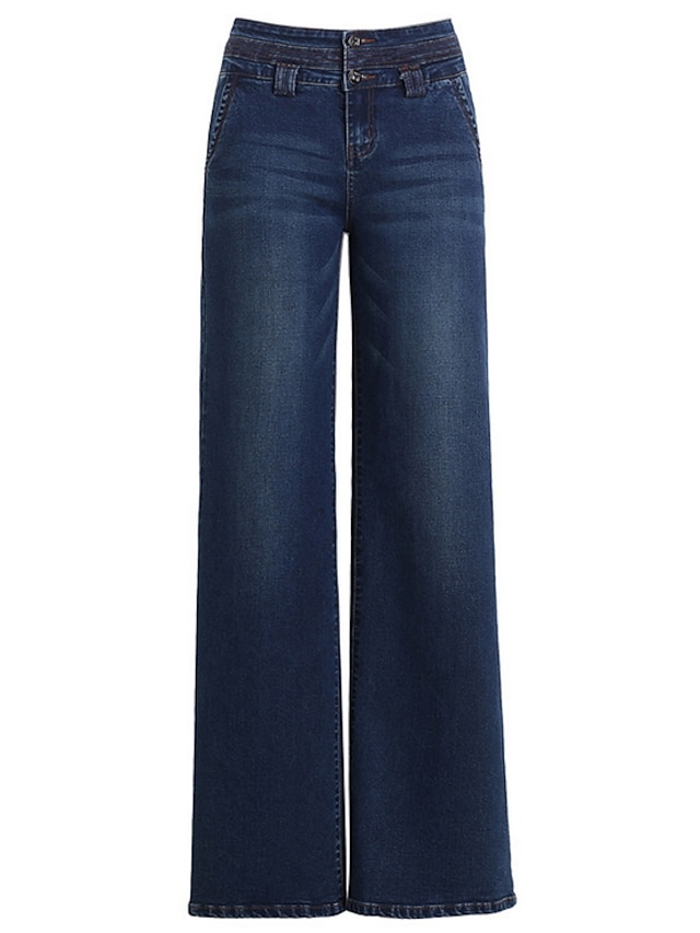  Mulheres Perna larga Jeans Básico Calças Diário Feriado Cor Sólida Cintura Alta Azul Azul Real 26 27 28 29 30