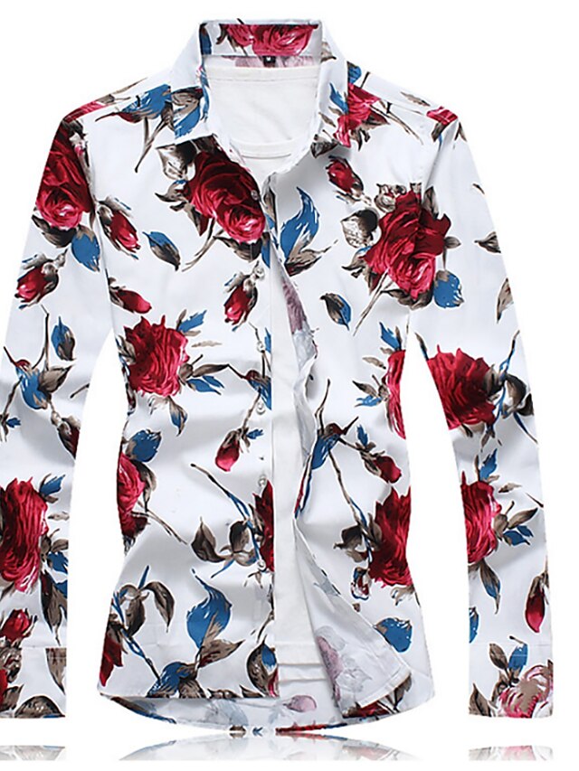 Men's Daily Chinoiserie Plus Size Cotton Shirt - Floral Blue / Long ...