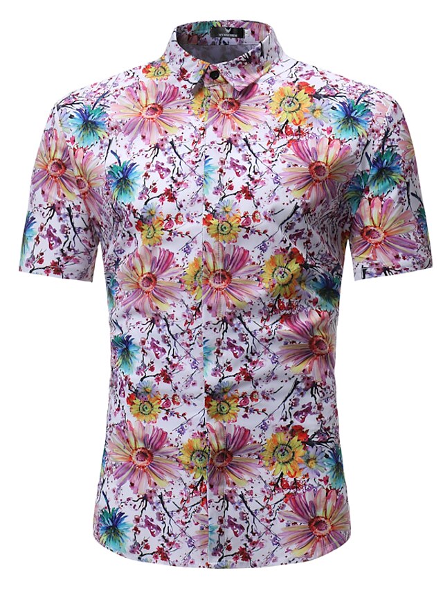  Men's Plus Size Floral Color Block Print Shirt - Cotton Street chic Boho Daily Beach Blushing Pink / Short Sleeve / Summer