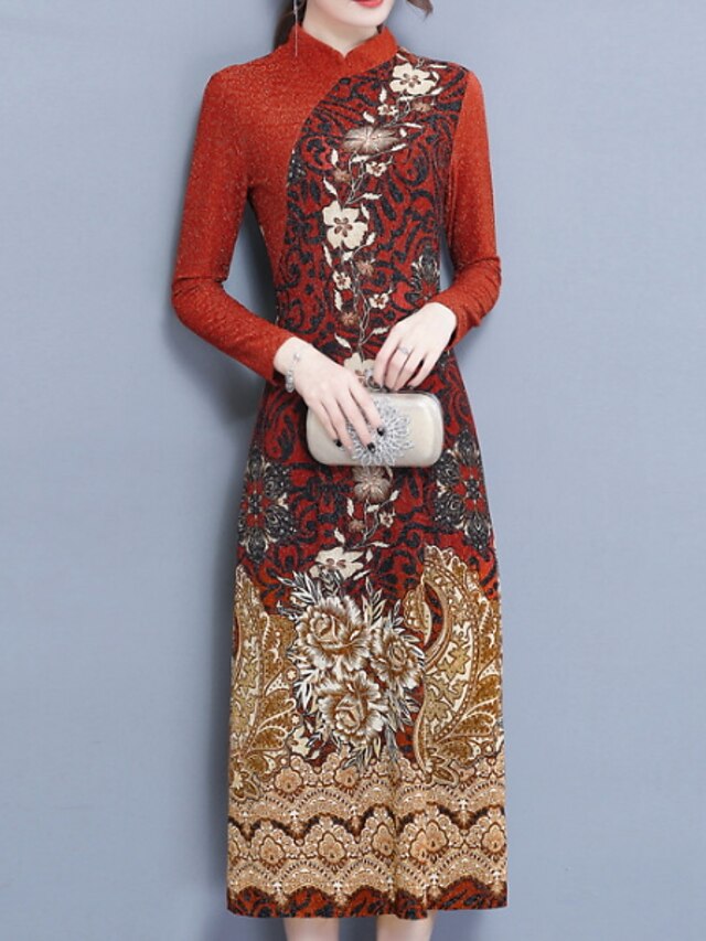  Femme Robe Fourreau manche longue Printemps Automne - basique Floral Mao Mince Rouge S M L XL XXL