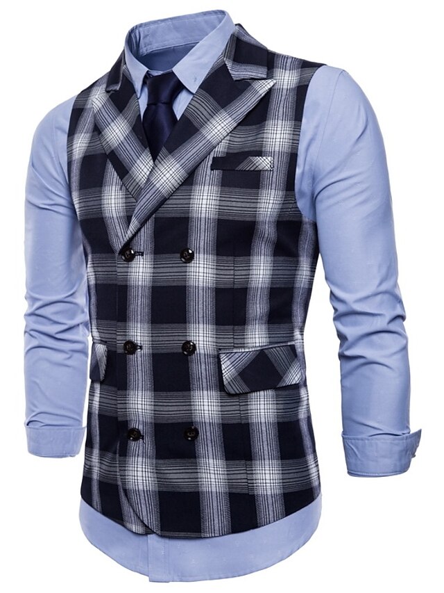  Men's Peaked Lapel Vest Regular Plaid Daily Holiday Active Black / Red / Green M / L / XL