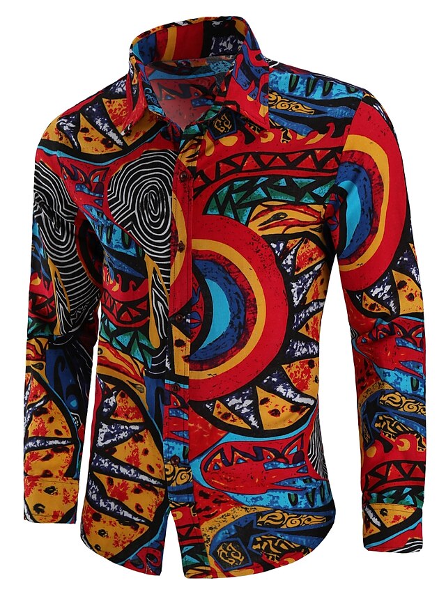  Men's Going out Shirt Tribal Plus Size Print Long Sleeve Tops Vintage Boho Spread Collar Red