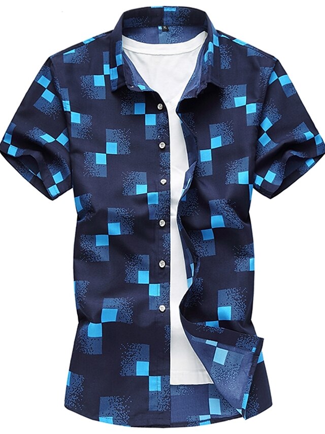  Men's Shirt Plaid Short Sleeve Daily Slim Tops White Navy Blue Light Blue / Spring / Summer