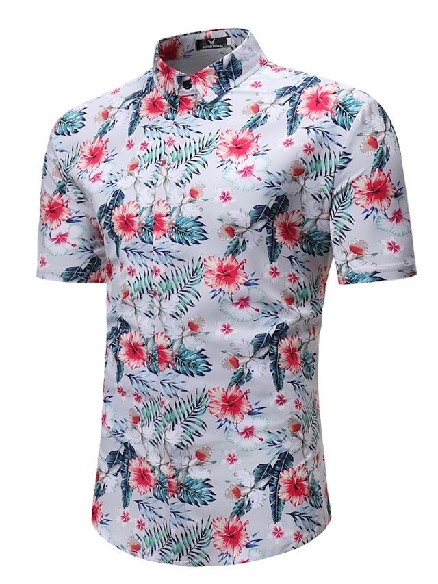 Men's Boho / Chinoiserie Plus Size Cotton Shirt - Floral Print Classic ...