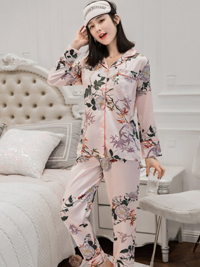  Mulheres Seda Decote Quadrado Conjunto Pijamas - Estampado, Floral