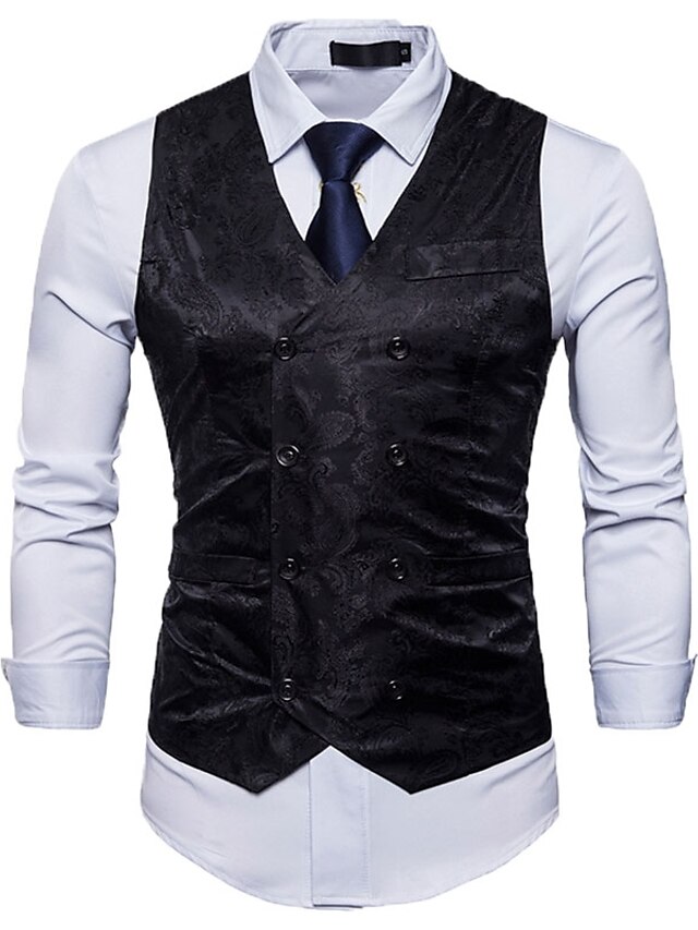  Men's Vest Work Solid Colored / Floral Print Cotton / Polyester Men's Suit Blue / Gold / White - V Neck / Fall / Spring / Sleeveless / Business Casual