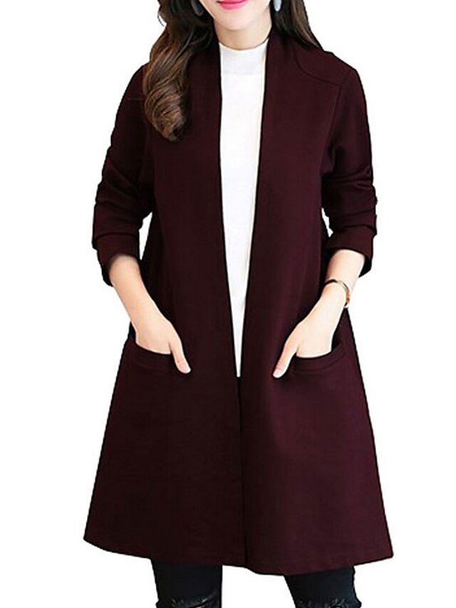  Women's Daily Spring / Summer Regular Trench Coat, Solid Colored Collarless Long Sleeve Cotton / Polyester Black / Wine XL / XXL / XXXL