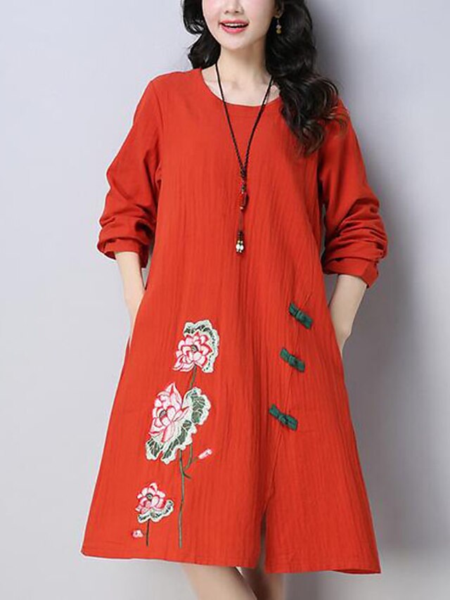  Women's Daily Chinoiserie Loose Loose Dress - Floral Embroidered Spring Green Red Navy Blue L XL XXL