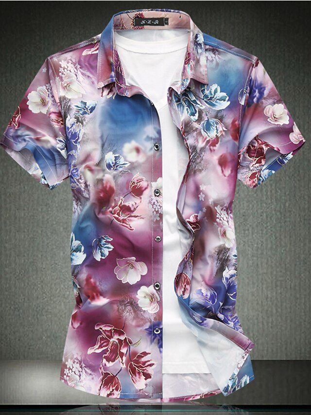  Men's Daily Beach Basic Plus Size Cotton Slim Shirt - Floral Classic Collar Light Blue / Short Sleeve / Spring / Summer