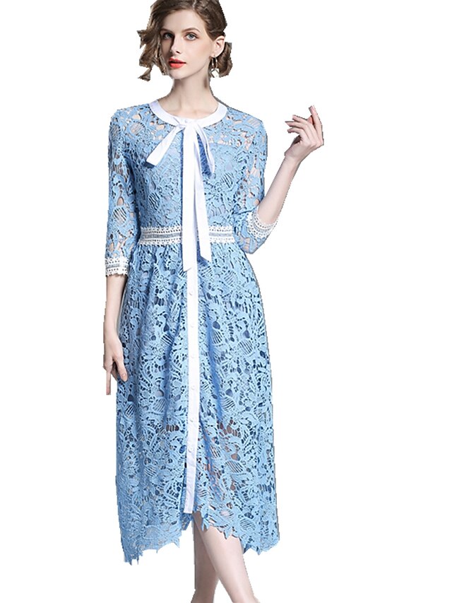  Women's Lace Daily / Work Basic / Street chic Slim Swing Dress - Solid Colored Lace Spring Blue M L XL