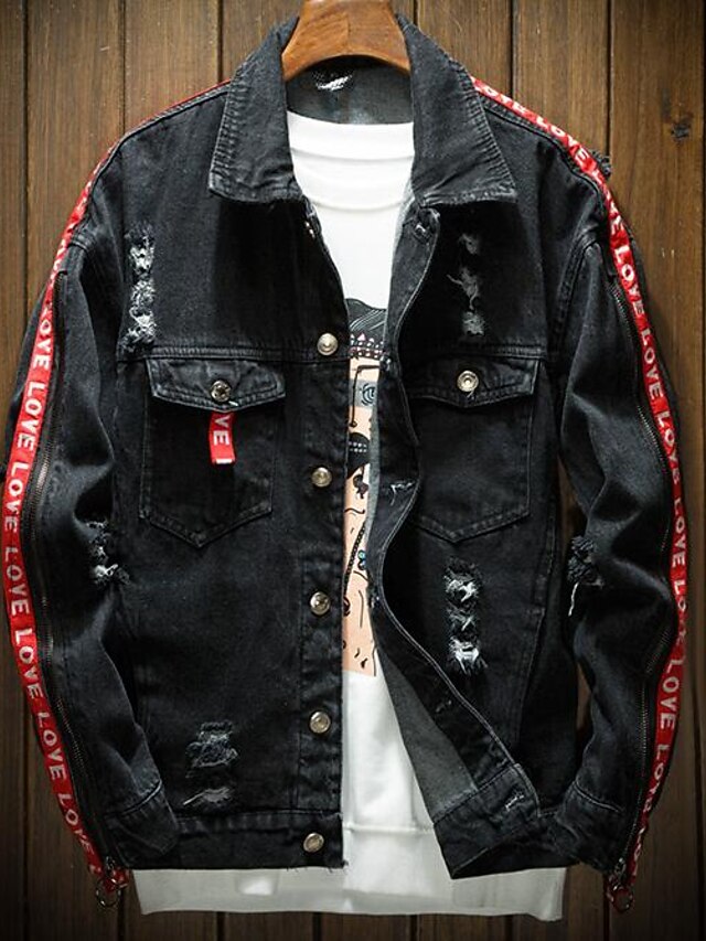 Men's Cotton Denim Jacket Color Block / Letter, Embroidered Shirt