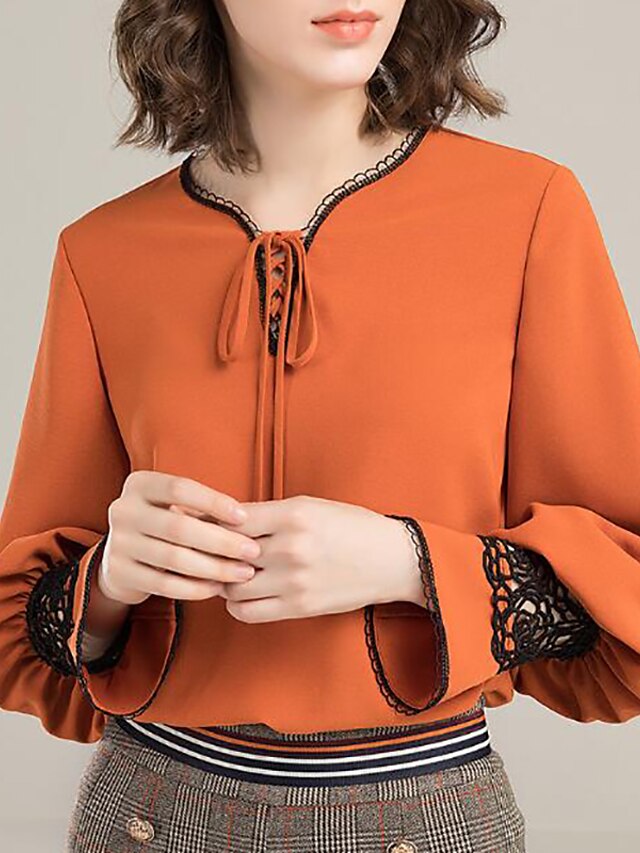  Women's Blouse Solid Colored V Neck Daily Holiday Lace Long Sleeve Tops Basic Gray Orange