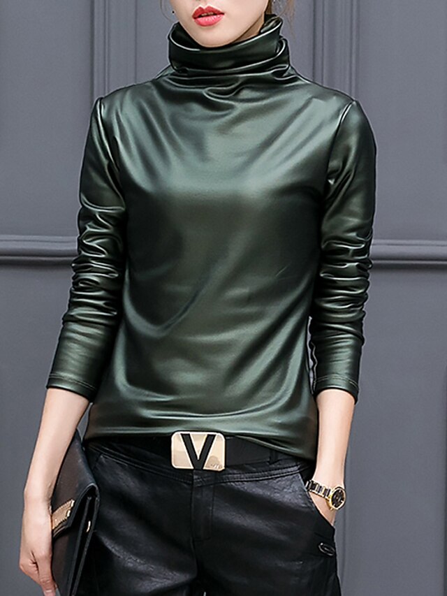  Women's T shirt Tee Solid Colored Turtleneck Green Blue Wine Black Plus Size Going out Weekend Clothing Apparel Cotton Streetwear / Winter / Long Sleeve