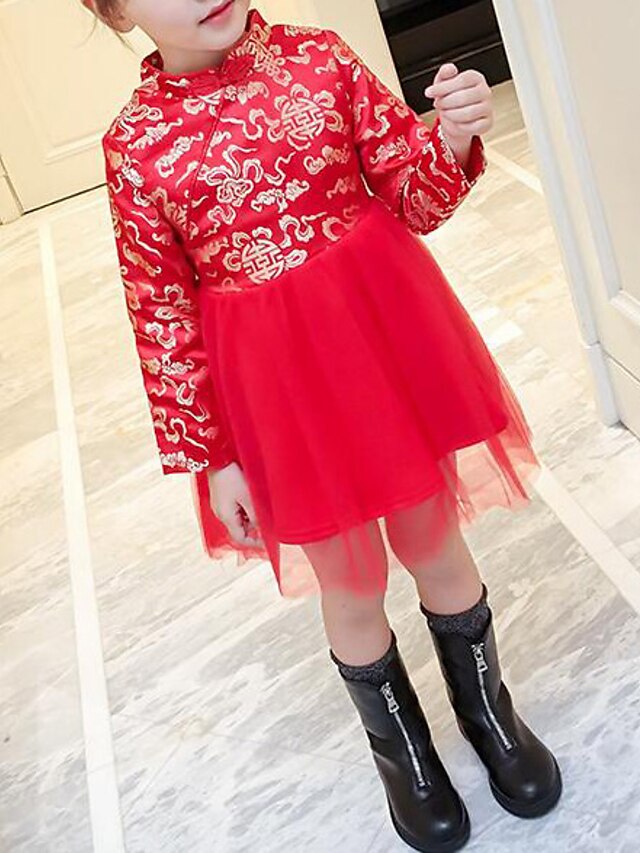  Dziewczyny ' Długi rękaw Solidne kolory Grafika drukowana 3D Sukienki Kwiaty Bawełna Poliester Sukienka Jesień Zima Brzdąc Codzienny