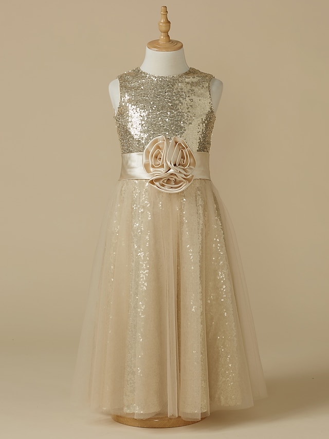  A-Line Ankle Length Tulle / Sequined Sleeveless Jewel Neck with Sash / Ribbon / Pleats / Sequin