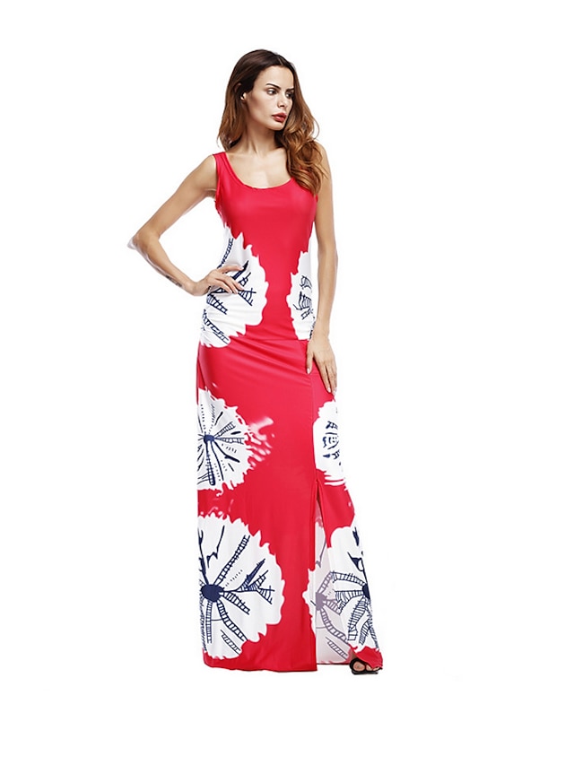  Women's Daily Holiday Maxi Loose Dress Print Blue Red M L XL