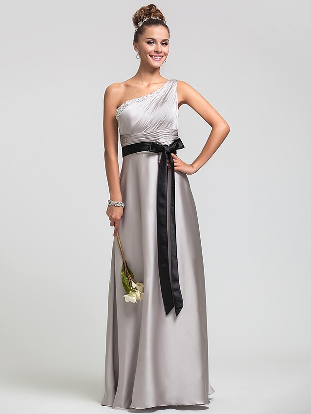  Sheath / Column One Shoulder Floor Length Satin Chiffon Bridesmaid Dress with Beading / Side Draping / Ruched by LAN TING BRIDE®