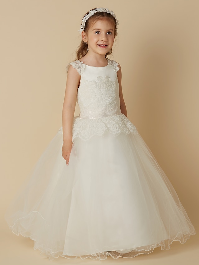  Princess Floor Length Flower Girl Dress First Communion Cute Prom Dress Lace with Lace Fit 3-16 Years