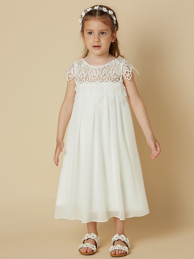  Sheath / Column Knee Length Flower Girl Dress First Communion Cute Prom Dress Chiffon with Lace Fit 3-16 Years