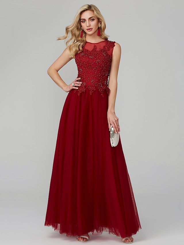  A-Line Elegant Holiday Cocktail Party Formal Evening Dress Jewel Neck Sleeveless Floor Length Tulle with Beading Appliques 2021