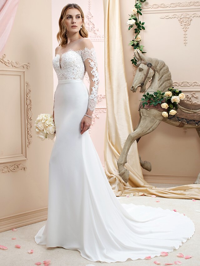  Mermaid / Trumpet Wedding Dresses Bateau Neck Court Train Chiffon Corded Lace Long Sleeve Romantic Sexy See-Through Backless Illusion Sleeve with Buttons Appliques 2022 / Royal Style