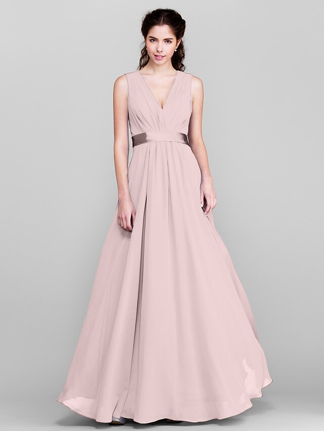 A Line V Neck Chiffon Open Back Bridesmaid Dresses LBQB0047 main image 1