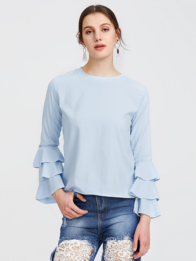  Women's T shirt Solid Colored Round Neck Daily Sports Long Sleeve Loose Tops Active Streetwear Blue / Petal Sleeves / Sexy