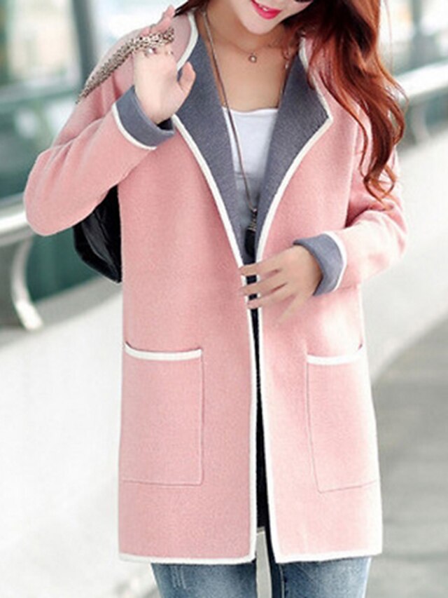  Women's Coat Street Causal Daily Winter Spring Regular Coat V Neck Regular Fit Stylish Jacket Long Sleeve Solid Color Vintage Style Fuchsia Pink Gray / Going out