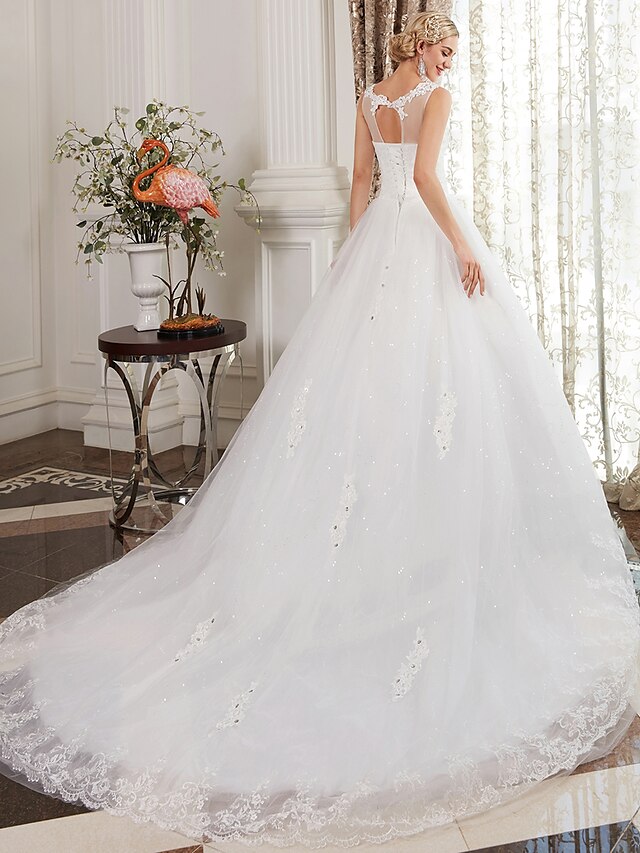 Ball Gown Wedding Dresses Scoop Neck Court Train Satin Lace Over Tulle Regular Straps Country Glamorous Sparkle & Shine Illusion Detail with Lace Beading 2022