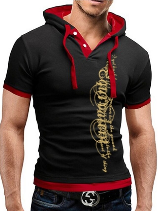  Men's Sports Basic Plus Size T-shirt - Letter Print Hooded Gray XXXL / Short Sleeve / Summer