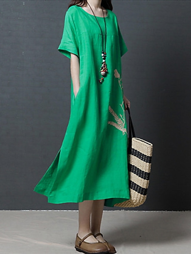  Women's A Line Dress Midi Dress Green Black Short Sleeve Floral Embroidered Summer Round Neck Loose M L XL XXL