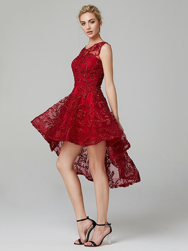  A-Line Hot Dress Valentine's Day Wedding Guest Asymmetrical Sleeveless Illusion Neck Tulle with Appliques
