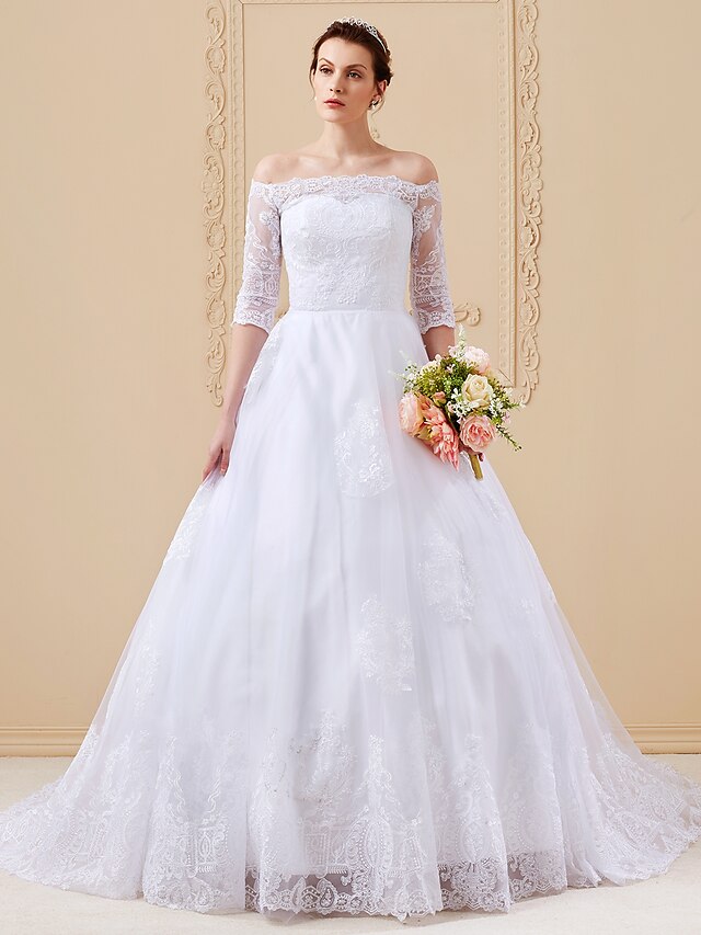  Ball Gown Off Shoulder Cathedral Train Lace Over Tulle Made-To-Measure Wedding Dresses with Appliques by LAN TING BRIDE®