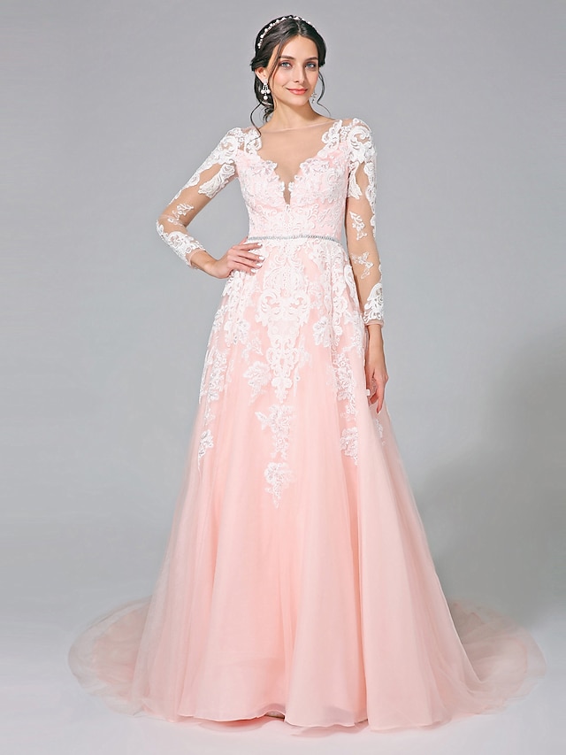  Wedding Dresses A-Line Bateau Neck Long Sleeve Chapel Train Tulle Bridal Gowns With Sash / Ribbon Sequin 2024