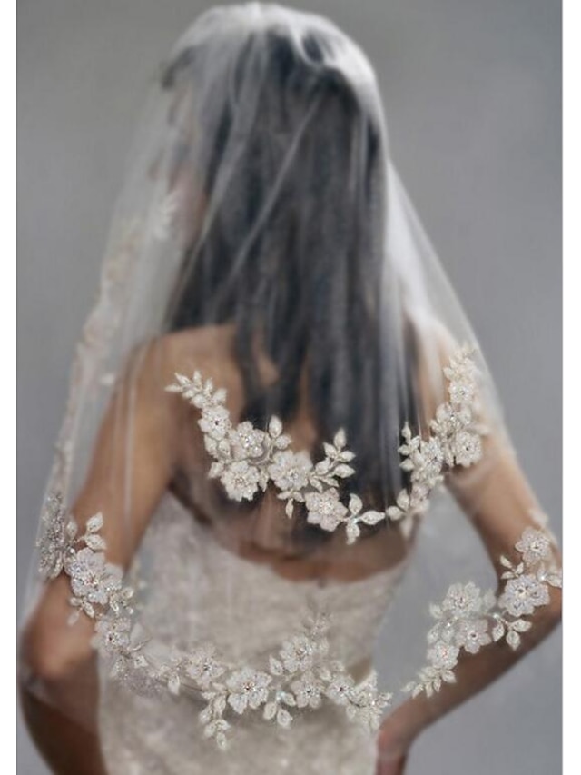  Two-tier Stylish / Pearls Wedding Veil Elbow Veils with Faux Pearl / Embroidery POLY / Drop Veil dress to impress