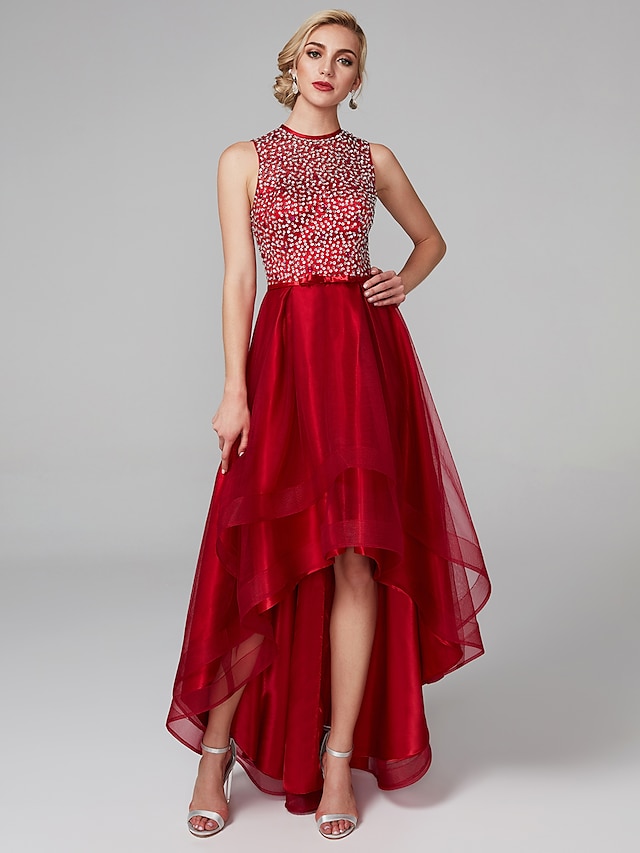  A-Line Sparkle & Shine Dress Cocktail Party Asymmetrical Sleeveless Jewel Neck Satin with Bow(s) Sequin 2022 / Prom / High Low / Keyhole