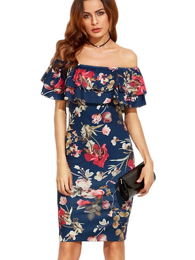  Women's Off Shoulder Party Street chic Slim Bodycon Dress - Floral Boat Neck Summer White Navy Blue M L XL / Ruffle