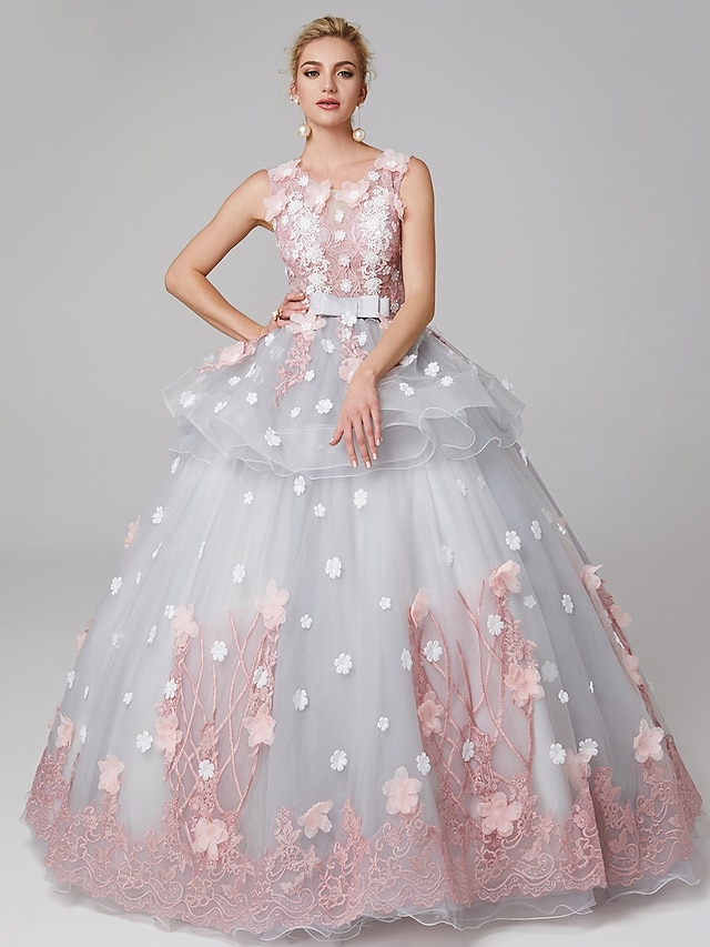  Ball Gown Peplum Dress Quinceanera Floor Length Sleeveless Jewel Neck Lace Over Tulle with Bow(s) Pattern / Print Appliques 2022 / Formal Evening