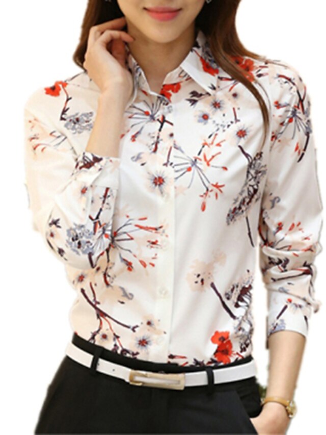  Dame Skjorte Blomstret Store størrelser Skjortekrage Daglig Helg Langermet Topper Elegant og moderne Hvit
