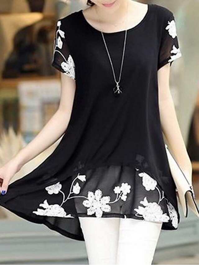 Women's Blouse Plus Size U Neck Daily Weekend Print Short Sleeve Loose Tops Casual Streetwear White Black
