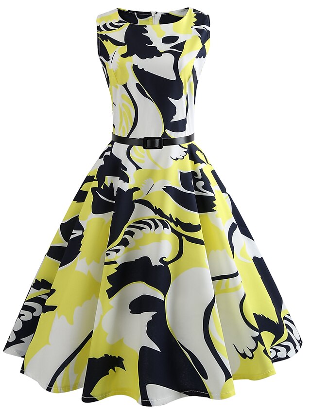  Damskie Żółty Sukienka Vintage Wiosna Codzienny Wyjściowe Swing Geometric Shape Nadruk S M Szczupła / Bawełna