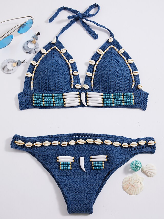  Women's Swimwear Bikini Swimsuit Blue Halter Neck Bathing Suits