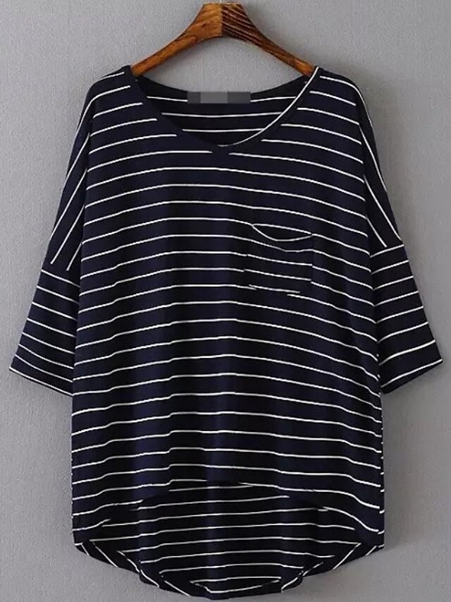  Women's Blouse Striped Round Neck Navy Blue White Black Daily Holiday Print Clothing Apparel Basic / Summer / Loose Fit