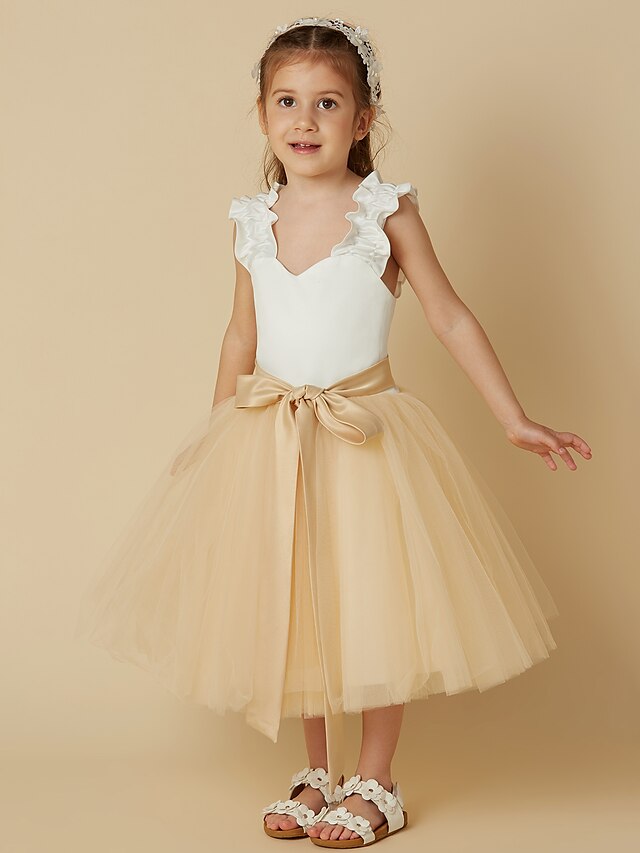  Πριγκίπισσα Μέχρι το γόνατο Φόρεμα για Κοριτσάκι Λουλουδιών Χαριτωμένο φόρεμα χορού Σατέν με Ζώνη / Κορδέλα Κατάλληλο 3-16 ετών